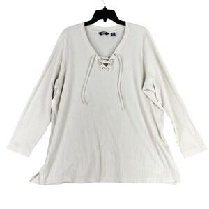 Lands End Lace Up Shirt Women 2X 22W Cozy Lounge Waffle Knit Relaxed Comfort Fit